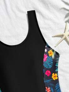 Bộ đồ bơi liền thân cho bé gái tuổi teen, bộ 2 mảnh với họa tiết hoa lá màu đen, thời trang năng động, thanh lịch, thích hợp cho bơi lội, kỳ nghỉ, bãi biển, hồ bơi, chụp ảnh, làm quà tặng, công viên nước, spa mùa hè. - màu đen - Xem 4