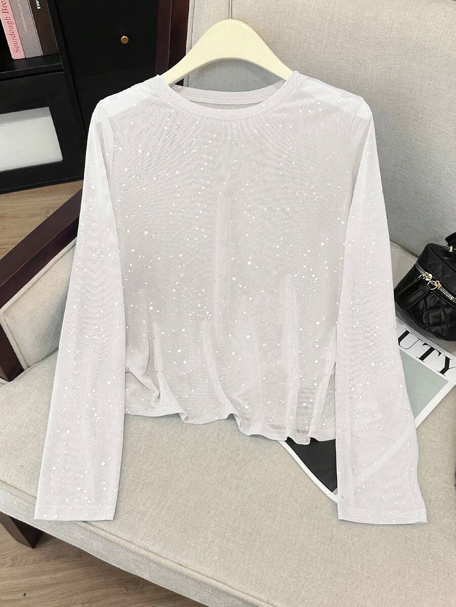 Franclia 女士纯色简约日常圆领长袖烫金印花上衣 - 白色 - 查看 1