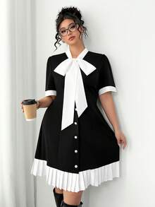 Elenzga 大码优雅通勤扭领前扣短袖连衣裙 - 黑與白 - 查看 6