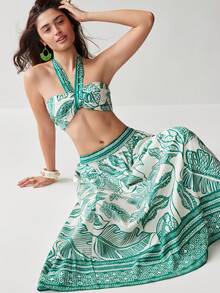 Soleia 女士热带植物印花露脐吊带上衣和半身裙两件套度假套装，度假装，沙滩套装，夏季，热带风情，可爱又有趣 - 彩色 - 查看 1