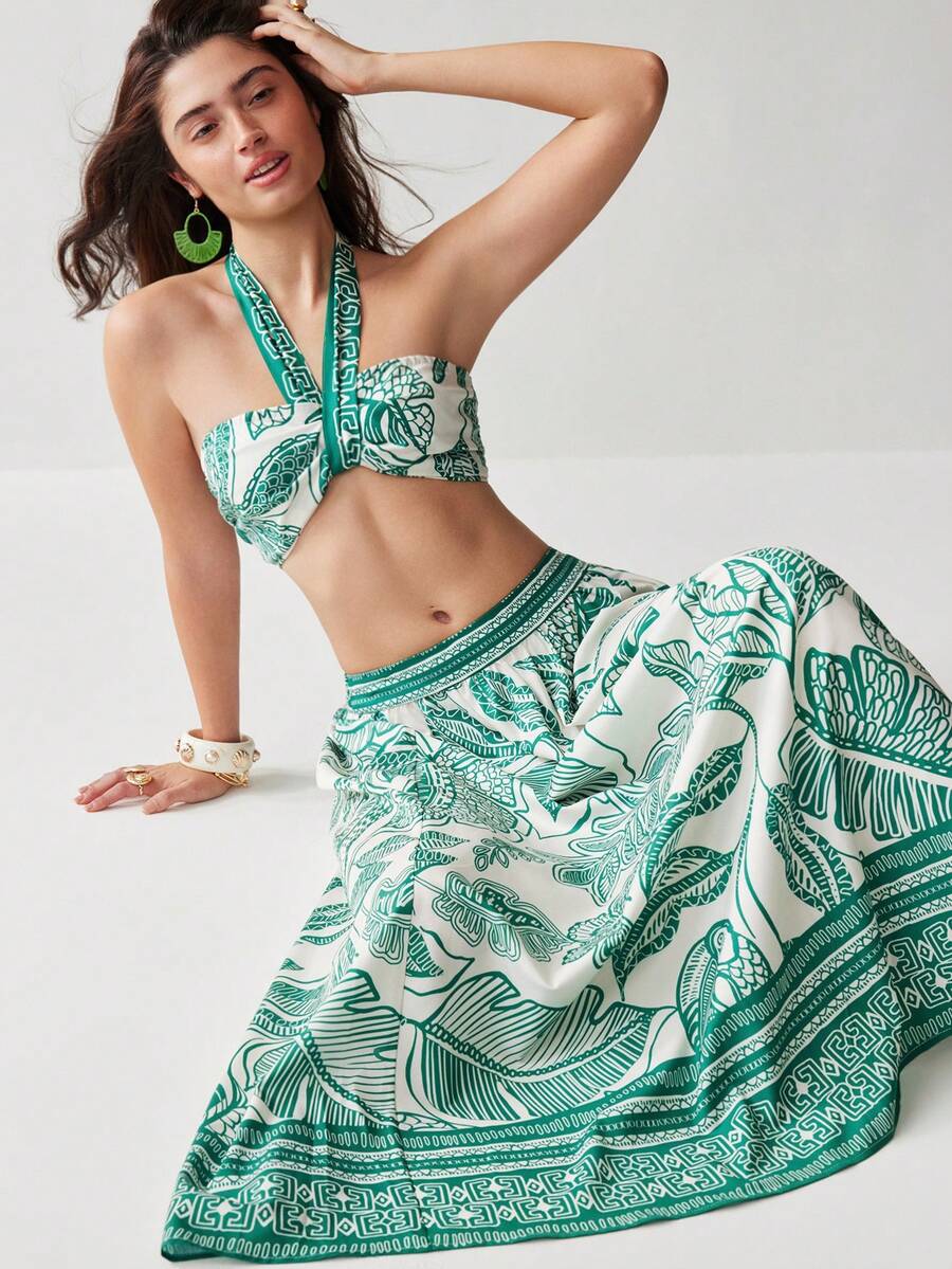 Soleia 女士热带植物印花露脐吊带上衣和半身裙两件套度假套装，度假装，沙滩套装，夏季，热带风情，可爱又有趣 - 彩色 - 查看 1