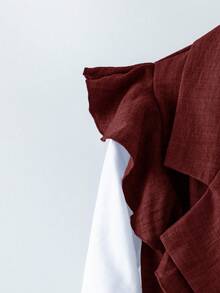 Linhara Plus Size Women's Solid Color Contrast Ruffle Trim Faux Pocket Full Button Elegant Commuter Blazer Jacket + Solid Button A-Line Simple Versatile Skirt 2 Piece Set - Red - View 3