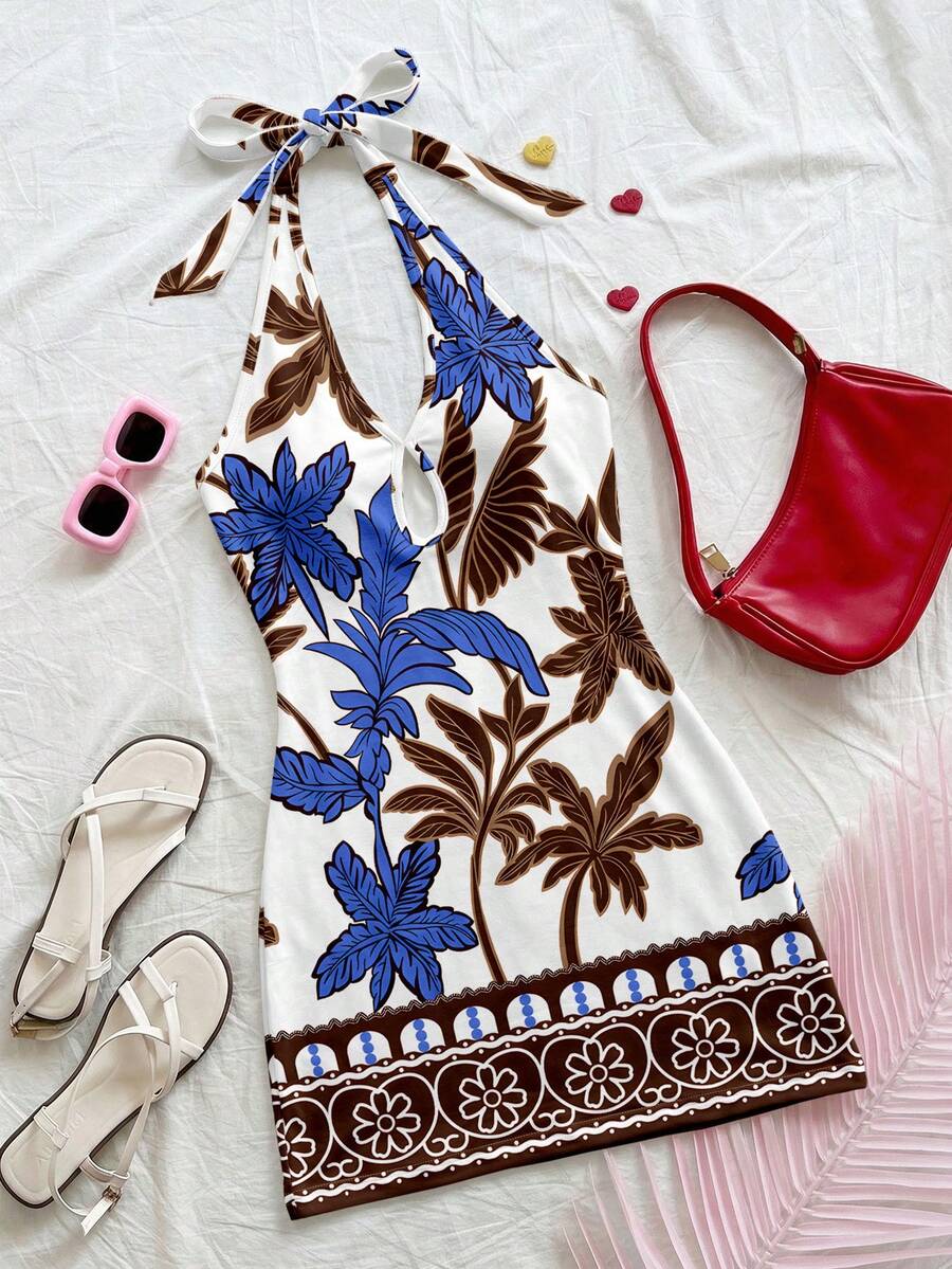 Soleia 休闲简约度假波西米亚风优雅浪漫复古椰树棕蓝色花卉印花图案，适合海滩、度假、春夏穿着的舒适修身露背迷你连衣裙 - 彩色 - 查看 1