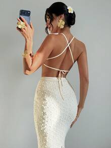 Firerie 女士白色提花串珠系带露背修身开衩连衣裙，性感度假连衣裙，春夏服装，沙滩装，通勤装，优雅，性感，度假，海滩，波西米亚风，夏威夷，音乐节，浪漫，约会装 - 杏色 - 查看 2