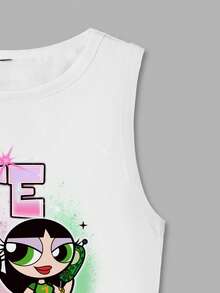 THE POWERPUFF GIRLS X SHEIN 女士休闲字母花朵、泡泡、毛茛图案圆领背心，夏季 - 白色 - 查看 6