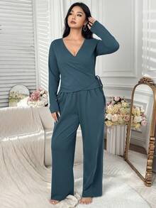 Dazy Plus 2件套女士加大码纯色V领长袖上衣和直筒裤休闲睡衣套装，春秋季 - 水鴨藍 - 查看 4