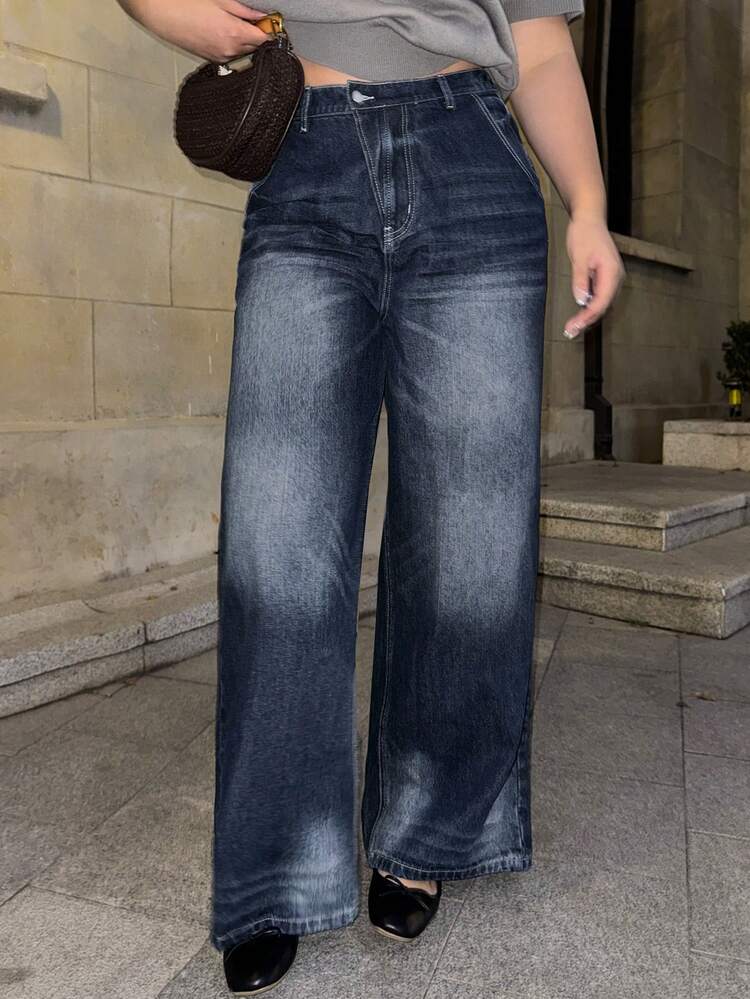 Dazy Plus Fashionable Casual Vintage Washed Loose Streetwear Plus Size Women Long Jeans, All Season