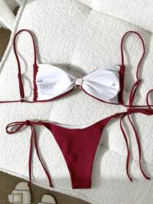 Swim Chiccia Bộ bikini mùa hè cho nữ, màu trơn, không gọng, họa tiết vỏ sò, áo bơi và quần bơi buộc dây bên hông. - Màu Đỏ Sâu - Xem 2