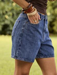 Aralina 女士夏季牛仔休闲妈妈短裤，沙滩装，Y2K斯德哥尔摩风格街头服饰 - 中等水洗藍 - 查看 2