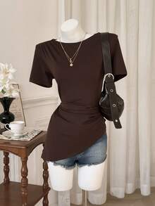 Modelyn Asymmetrical Ruched Waist Short Sleeve T-Shirt, Summer - Coffee Brown - View 6