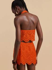 Travachic Women's Halter Neck Embroidered Tie-Front Crop Top And Mini Skirt 2-Piece Set, Fashionable For Dates And Parties - Orange - View 2