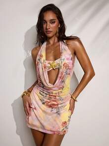 SHEIN BAE Women's Elegant Sexy Floral Print Halter Backless Mini Dress, Summer Summer Sexy Dress - Apricot - View 5