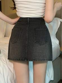 DAZY 女士休闲牛仔迷你裙，时尚设计，春夏款 - 灰色 - 查看 2