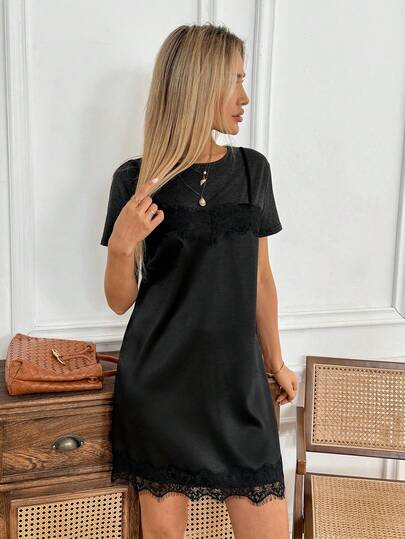 Easowa Women's Contrast Lace 2 In 1 Round Neck Short Sleeve Casual Mini Dress,Casual Clothes Summer Dresses Black Dress Casual Dresses For Women Women's 2 In 1 Lace Spliced Hem T-Shirt Dress Casual Outfit For Women Black Dresses For Women Casual Dresses For Women Lace Trim Dress Short Sleeve Dress Casual Black Dress