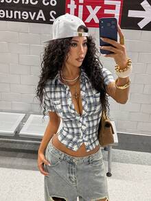 StreetHx Women's Single-Breasted Fitted Plaid Short Sleeve Shirt With Pockets - Blue - View 1