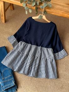 Rusticease 大码女式夏季休闲度假乡村风圆领七分袖格子拼接撞色罩衫，蓝色衬衫，适合早春假期、度假、节日、春季外出，2026新款，简约时尚，日常穿着，大码束腰上衣 - 藏蓝色 - 查看 2