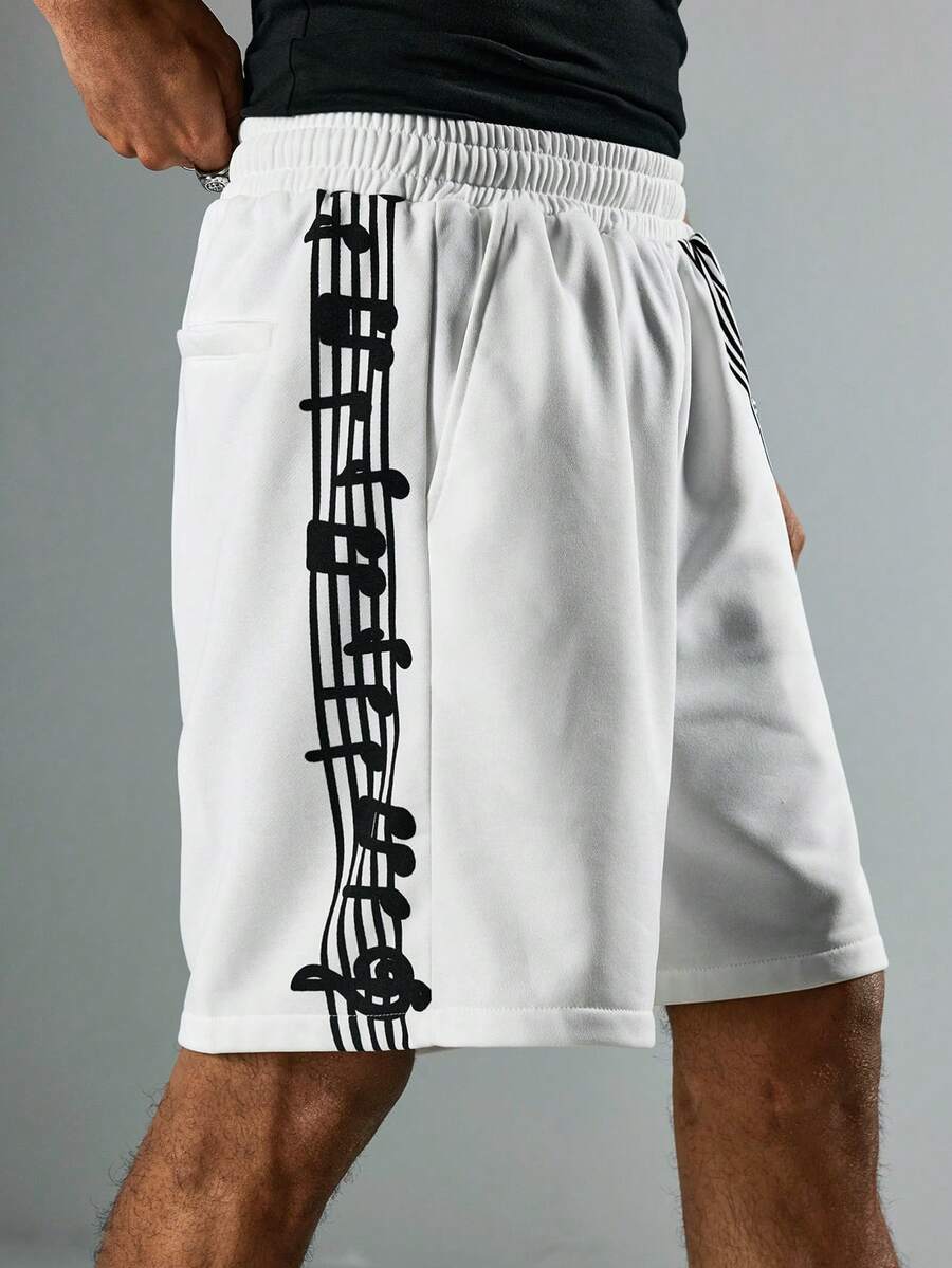 ROMWE MEN Street Life Pantalones cortos de verano para hombres con cintura elástica y cordón, con estampado de música y símbolos - Blanco - Ver 1