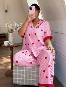 Dream Adore Plus Size Women Bubble Textured Striped Heart Print Ruffle Collar Open Front Sleepwear Set - Multicolor - View 2