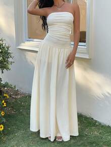 SHEIN EZwear 女士纯色褶皱连衣裙，优雅 - 杏色 - 查看 4