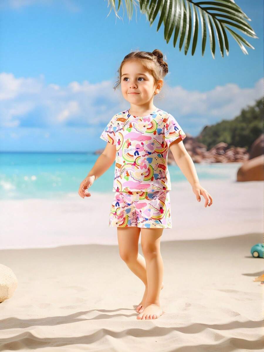 SHEIN Infant Girls Digital Printed Casual Holiday Outfit Set - Multicolor - View 1