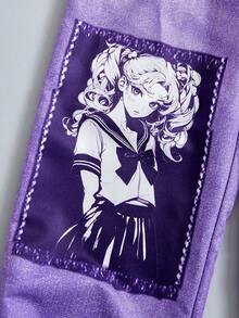 Sparklyn Bộ 2 món cho bé gái, phong cách đường phố cá tính, năng động, họa tiết ngôi sao đính kèm, áo thun dệt kim ngắn ôm sát + quần cargo ống rộng in họa tiết giả denim. - Màu tím - Xem 6