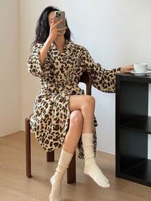 DAZY Women's Leopard Print Flannel Robe, Mid-Length With Shawl Collar, Winter - Beige - View 5