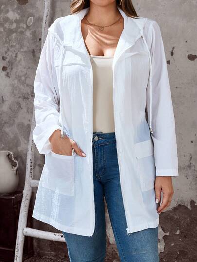 EMERY ROSE Plus Size Women's Casual Cinched Waist Black Lightweight Hooded Trench Coat With Pockets, Autumn