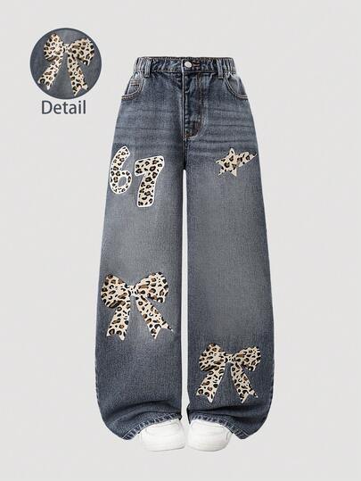 SHEIN ChillGRL Tween Girls' Pockets Button Leopard Print Number Bow Decor Wide Leg Jeans, Suitable For Home, Daily Wear, Dates, Shopping, Casual Activities, Parties With Friends, Travel & Vacation