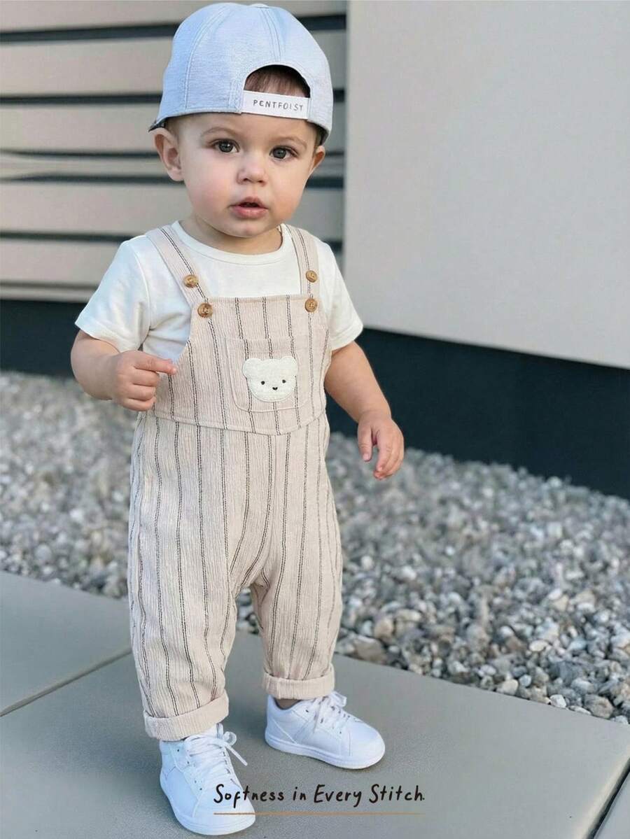 Cozy Pixies 男婴卡通熊图案围兜裤连体衣，百搭舒适