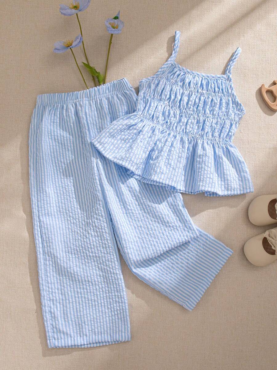 Souflis Souflis 法式新款女童浅蓝色可爱甜美条纹吊带背心搭配飘逸阔腿裤套装，适合外出和休闲穿着 - 淺藍色 - 查看 1