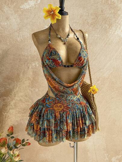 Soleia Conjunto de 2 piezas de top halter con estampado total y falda mini con volantes para vacaciones de verano de mujer