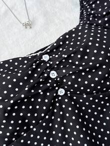 SHEIN 少女波点印花修身休闲舒适短袖衬衫，夏季 - 黑與白 - 查看 5