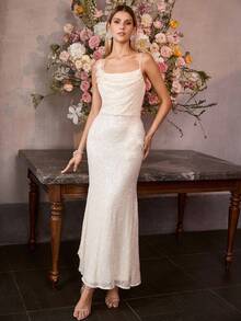 MOTF Soiréza VESTIDO FORMAL DE BORDADO DE CUENTAS ELEGANTE, BAJO DE SIRENA, FLORAL 3D, PRIMAVERA/VERANO - Albaricoque - Ver 7