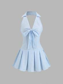 Sweetra Đầm mini dáng chữ A không tay xếp ly, cổ bẻ, kẻ sọc dành cho nữ - Xanh và trắng - Xem 1