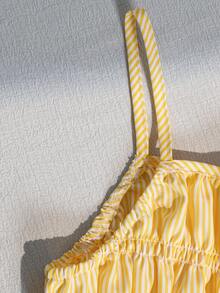 SHEIN 女童条纹蝴蝶结吊带背心和直筒裤夏季度假装 - 黃色 - 查看 5