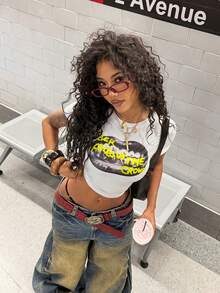 StreetHx 女士夏季露脐短袖T恤，朋克摇滚Y2K嘴唇印花露脐短袖白色婴儿T恤 - 白色 - 查看 4