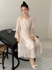 DAZY 少女优雅撞色蕾丝网纱灯笼袖连衣裙，秋季 - 杏色 - 查看 5