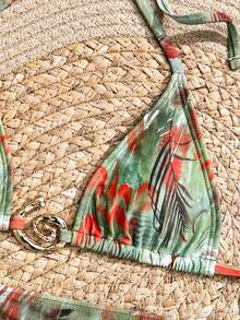 Swim SXY Halter Backless Bikini Set For Women Multicolor Fabric Plant Pattern Short Length Swimwear - Multicolor - View 4