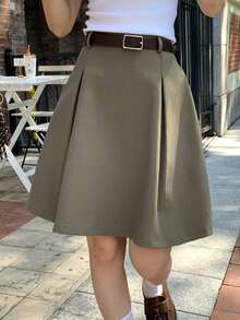 Livesso Casual Pleated Waist Elastic Waist Skirt, Elegant Office/Commute Wear, Spring/Summer - Khaki - View 1