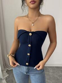 Elenzga Women's Fashionable & Elegant Button Decor Camisole Top, Summer - Navy Blue - View 3