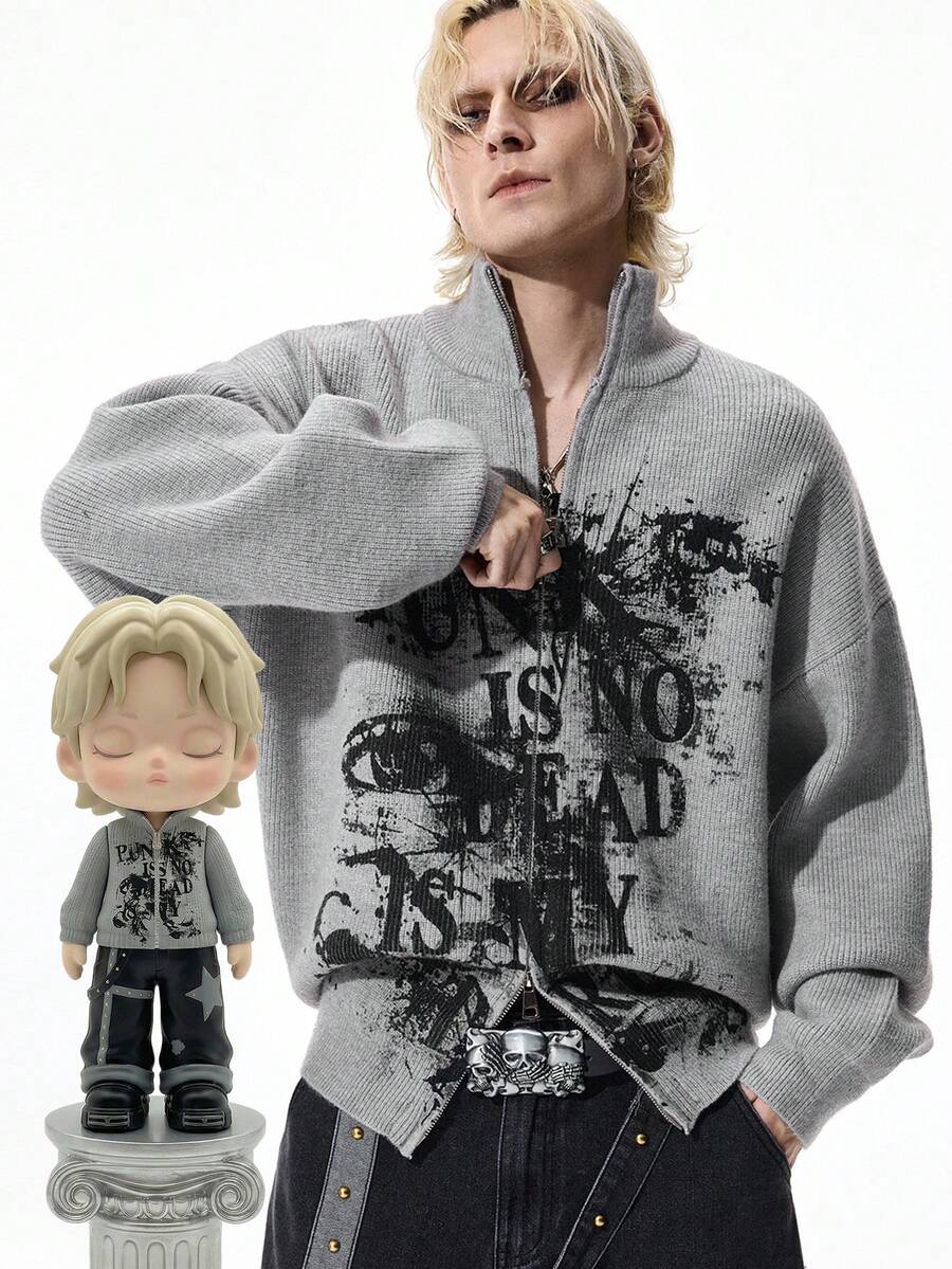 ROMWE MEN Street Life Men's Eye & Letter Print Stand Collar Zip-Up Long Sleeve Knit Cardigan Sweater