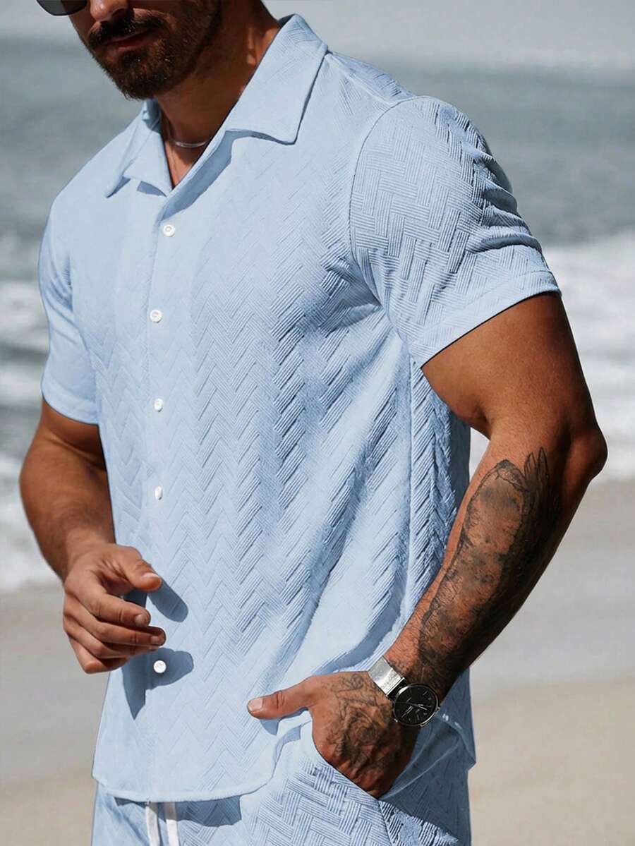 VENTUSAIL 男士休闲纯色单排扣短袖衬衫,夏季 - 淺藍色 - 查看 1