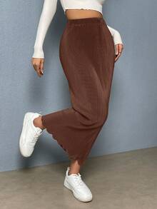 Auralis Plus Size Ladies Chocolate Brown Autumn Elegant Everyday Casual Slim Pleated Khaki Elastic Waist Long Skirt,Women Bottom,Vacation,Rave,Brunch,Airport - Brown - View 6