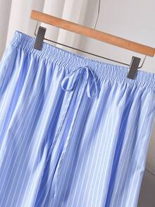 CosyJoli Plus Size Blue Striped Casual Cropped Parachute Pants With Pocket For Women - Blue - View 4