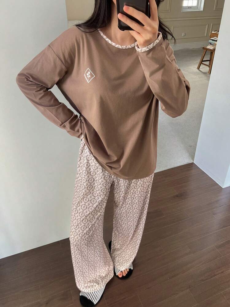 2pcs Ditsy Floral Contrast Trim Loose Long Sleeve T-Shirt And Straight Leg Pants Pajama Set For Women, Autumn