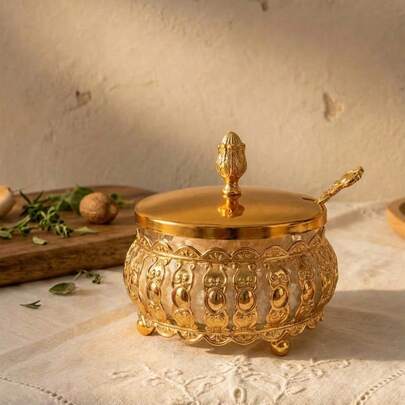 Cirelle European Style Iron Spice Jar – Ornate Metal Canister With Gold Lid, Seasoning Container For Sugar, Salt & Herbs, Vintage Kitchen Countertop Decor