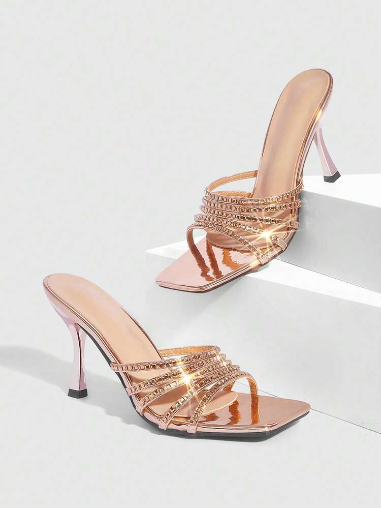 CUCCOO SZL Women's Square Toe Rhinestone Decor Fashion Daily Wear High Heel Slide Sandals Spring Shoes Prom Heels