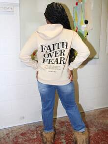 Steph T Sudadera con capucha térmica con bolsillo canguro y cordón, estampado de eslogan, de manga larga - Albaricoque - Ver 2