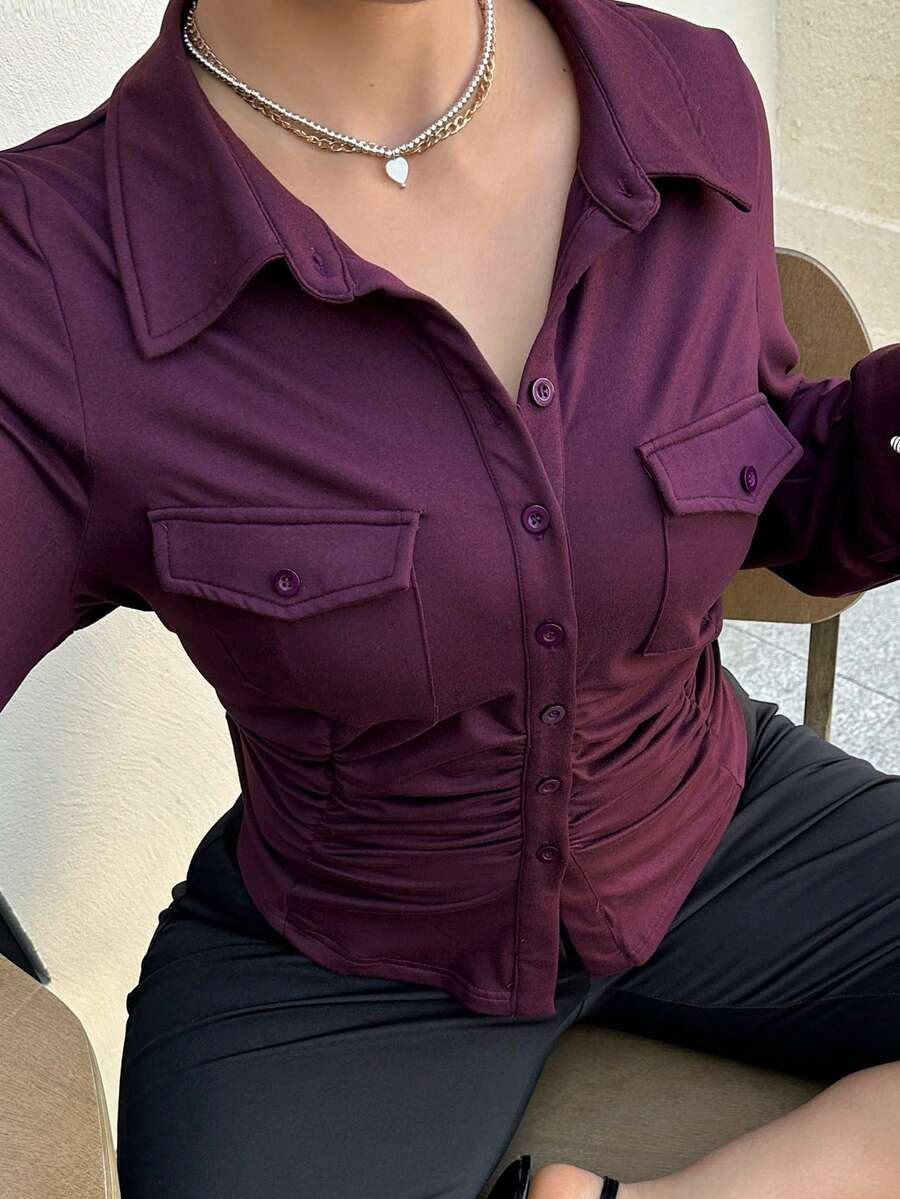 Dazy Plus 弹力修身翻领性感开襟短款衬衫式长袖T恤，春秋季 - 中紫紅色 - 查看 1
