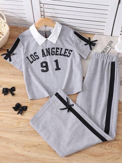 SHEIN Sparklyn 2pcs/Set Girls Casual Polo Shirt Outfit, 2 In 1 Shirt Collar English Print Color Block Ribbon Bow Decor Short Sleeve Top And Wide Leg Pants Set, Suitable For Daily Wear Or Travel